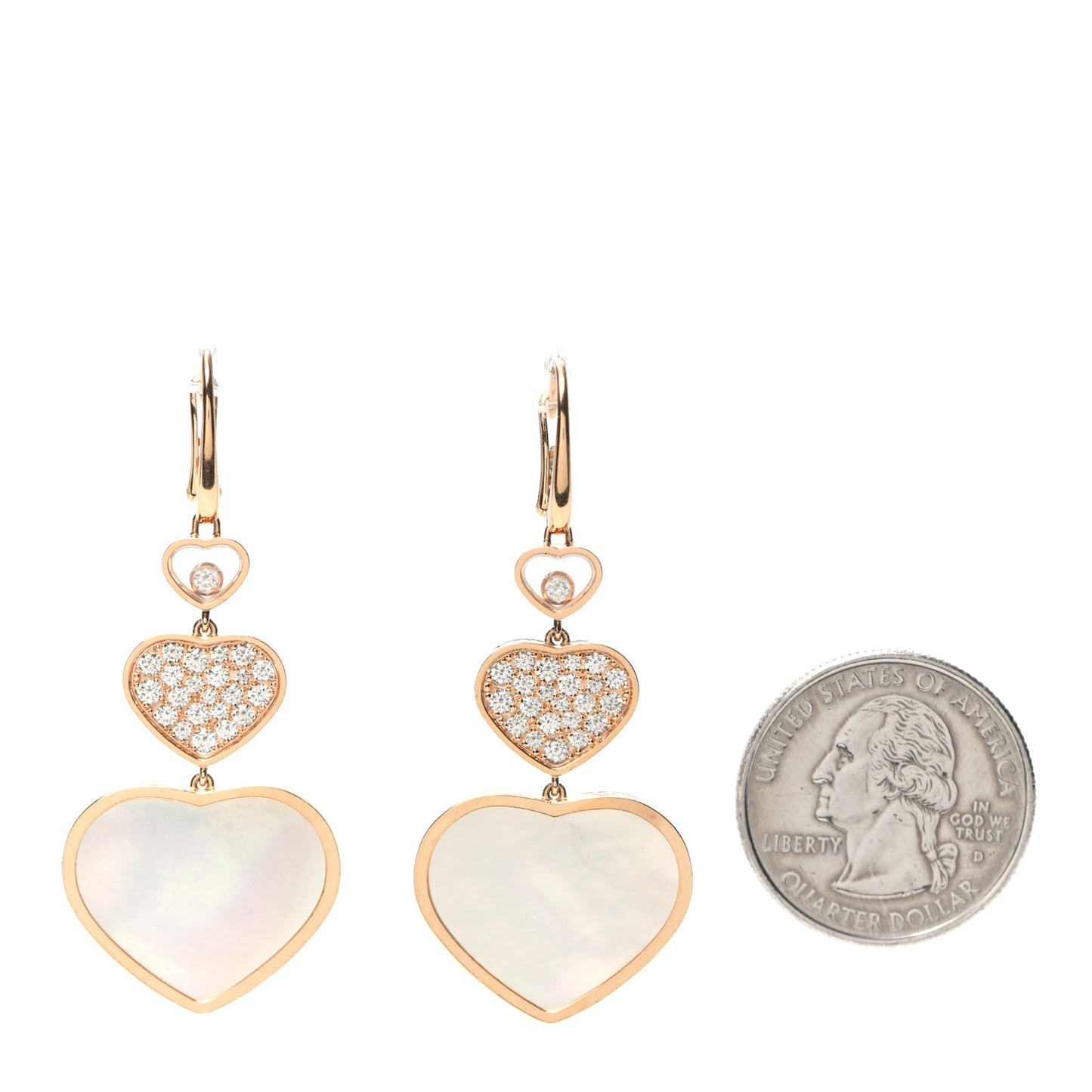 18K Rose Gold Diamond Mother of Pearl Happy Hearts Drop Earrings