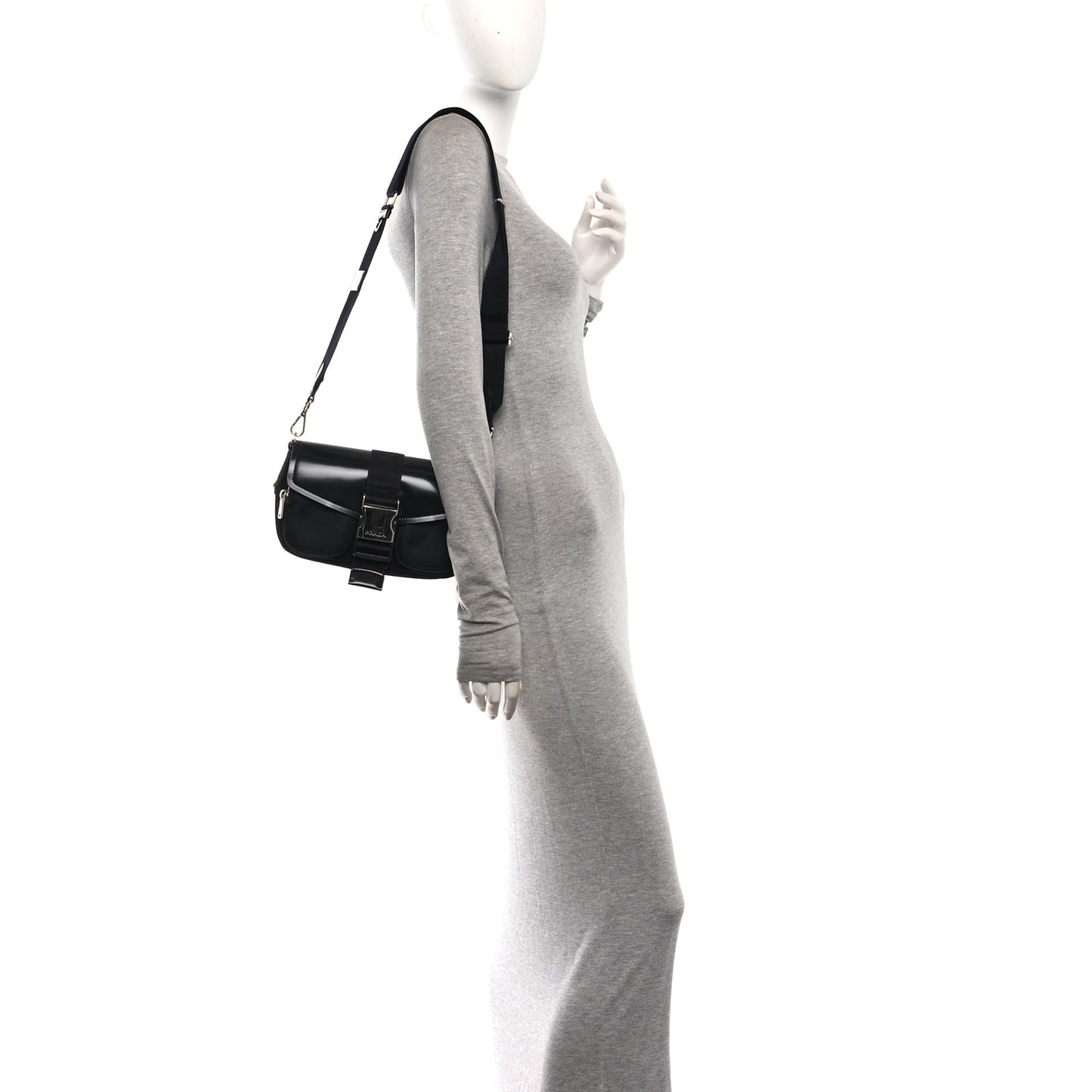 Re-Nylon Spazzolato Double Pocket Buckle Shoulder Bag Black