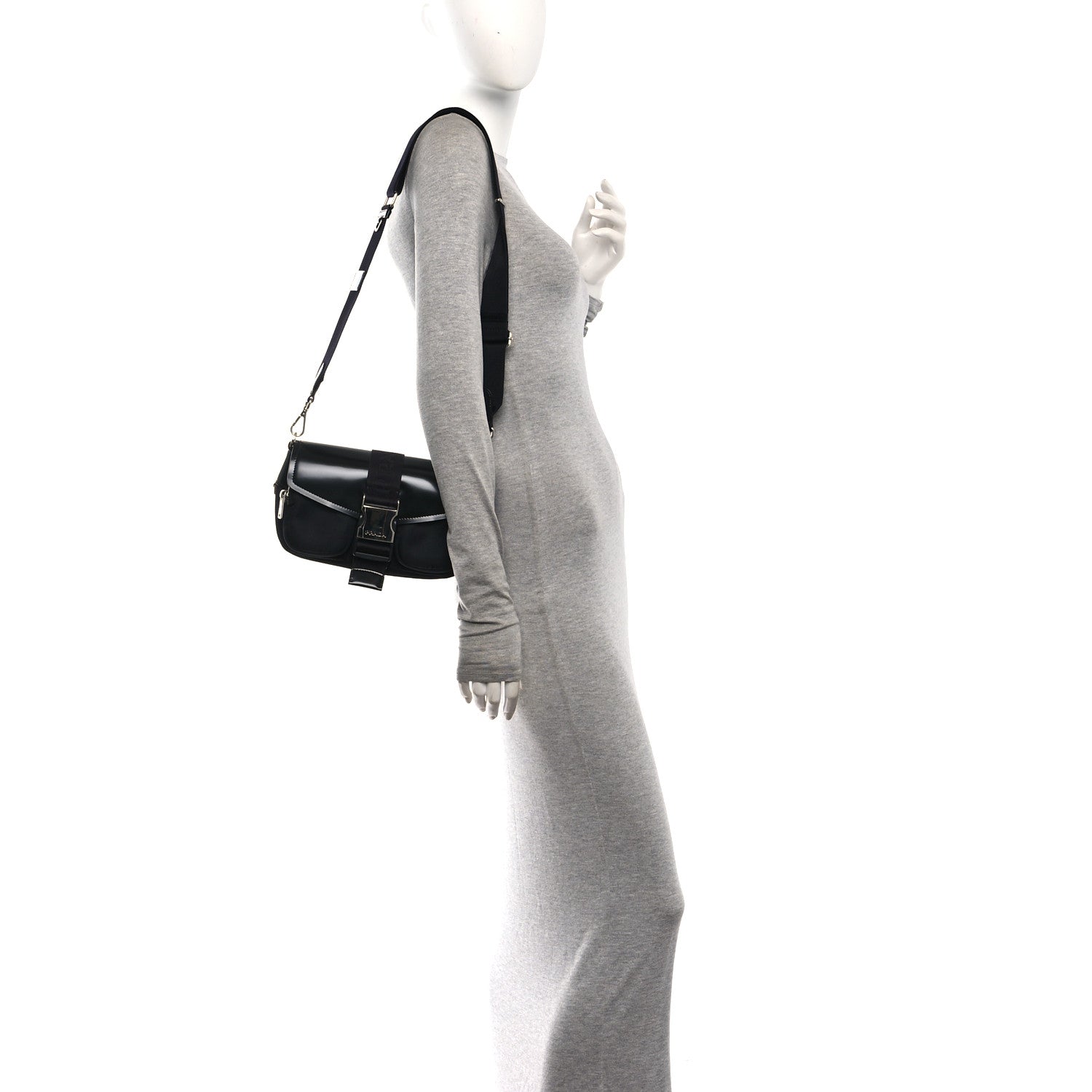 Prada Re-Nylon Spazzolato Double Pocket Buckle Shoulder Bag Black 2 of 10