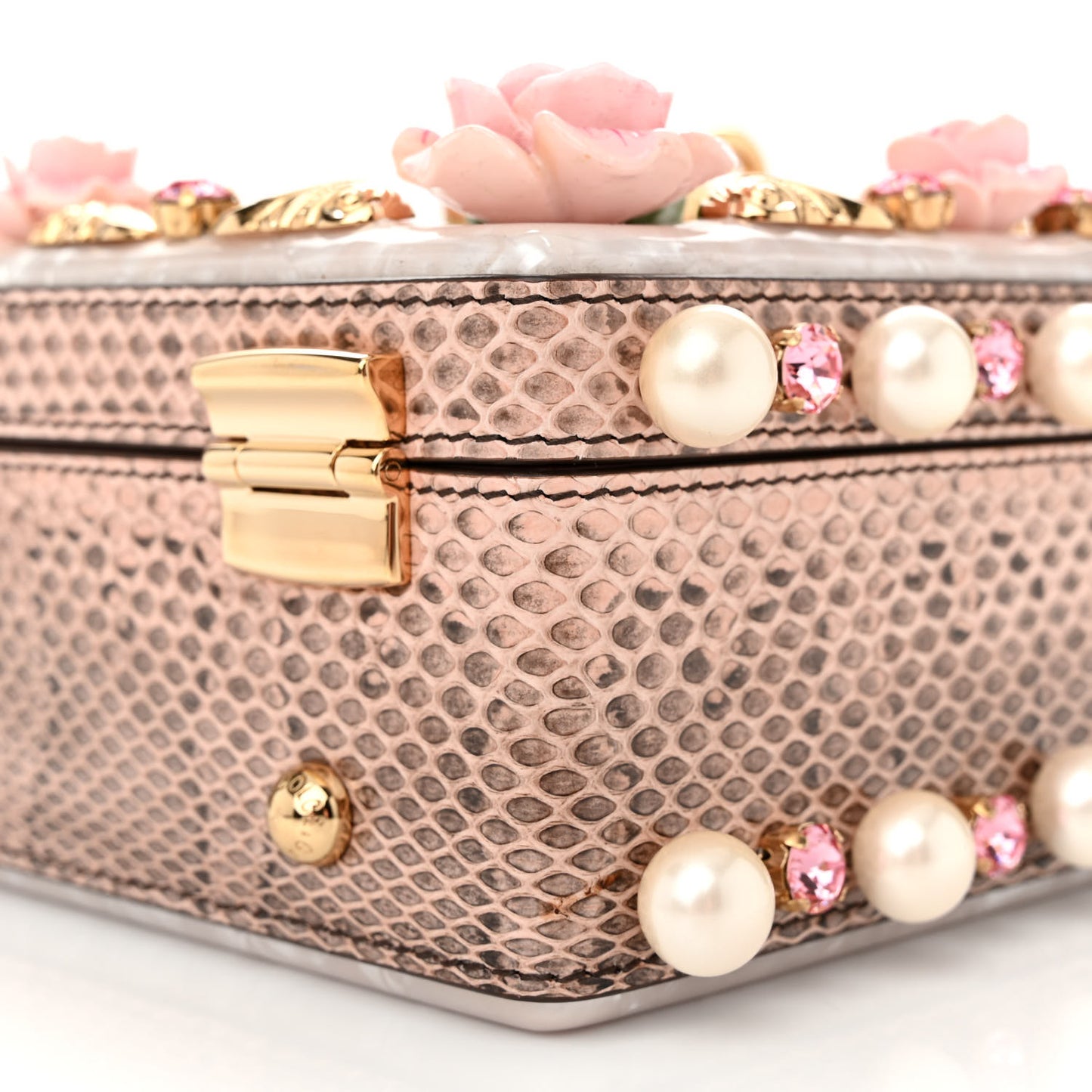 PVC Snakeskin Effect Pearl Crystal Tropical Rose Lily Box Bag Pink