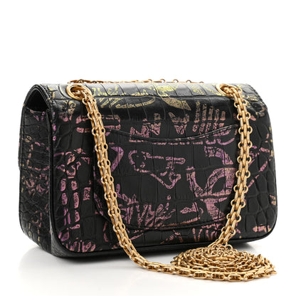 Chanel Calfskin Crocodile Embossed Graffiti 2.55 Mini Crocodile Reissue Flap Black Pink 2 of 10