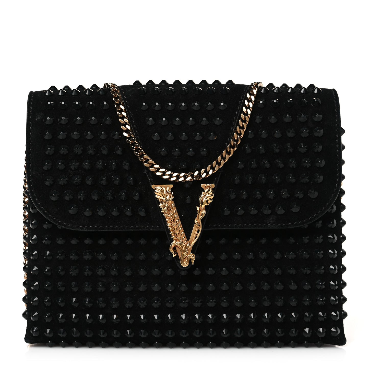 Suede Studded Virtus Chain Clutch Black