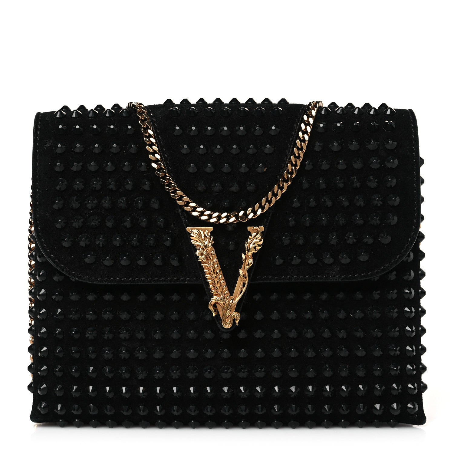 Versace Suede Studded Virtus Chain Clutch Black 1 of 8