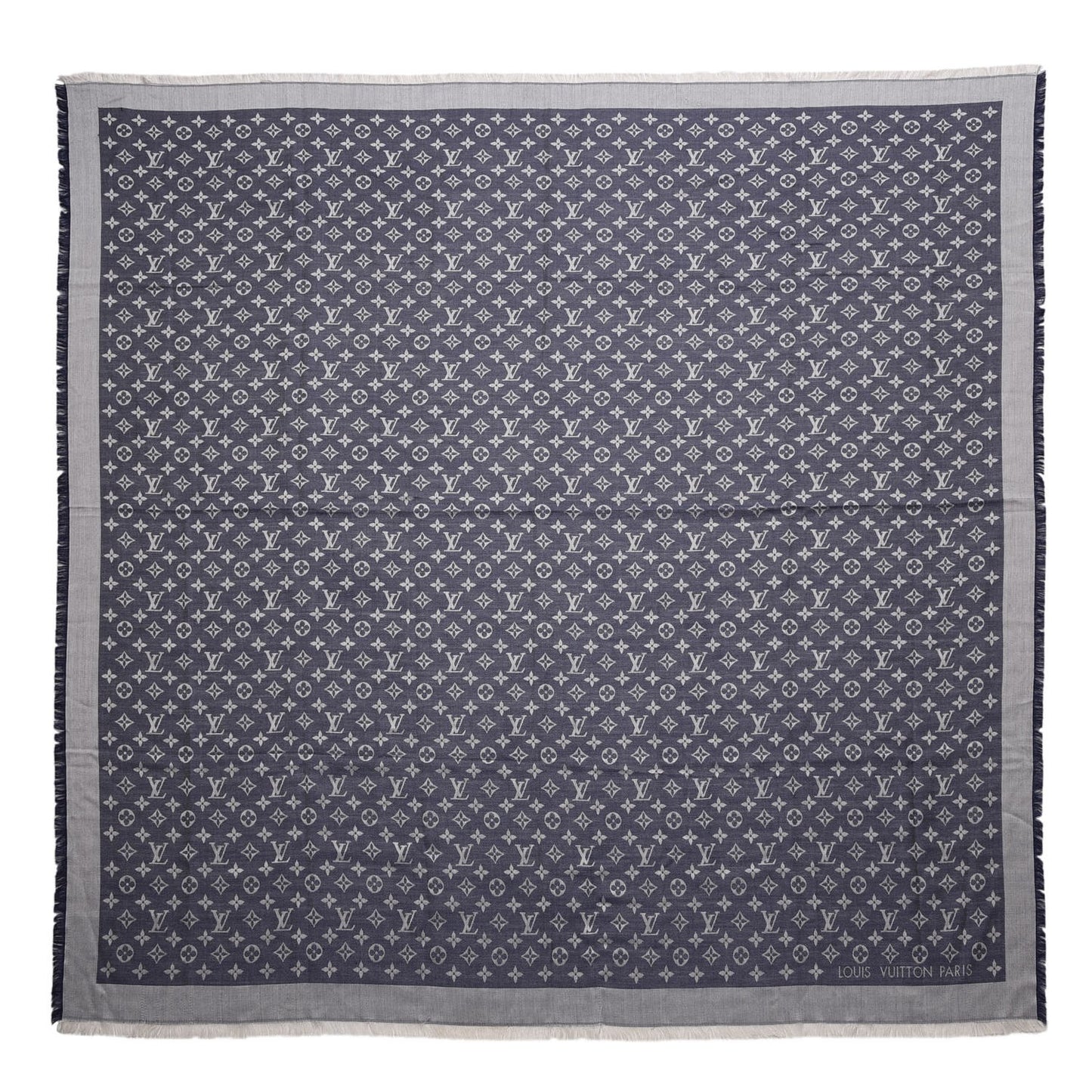 Wool Silk Monogram Denim Shawl Blue