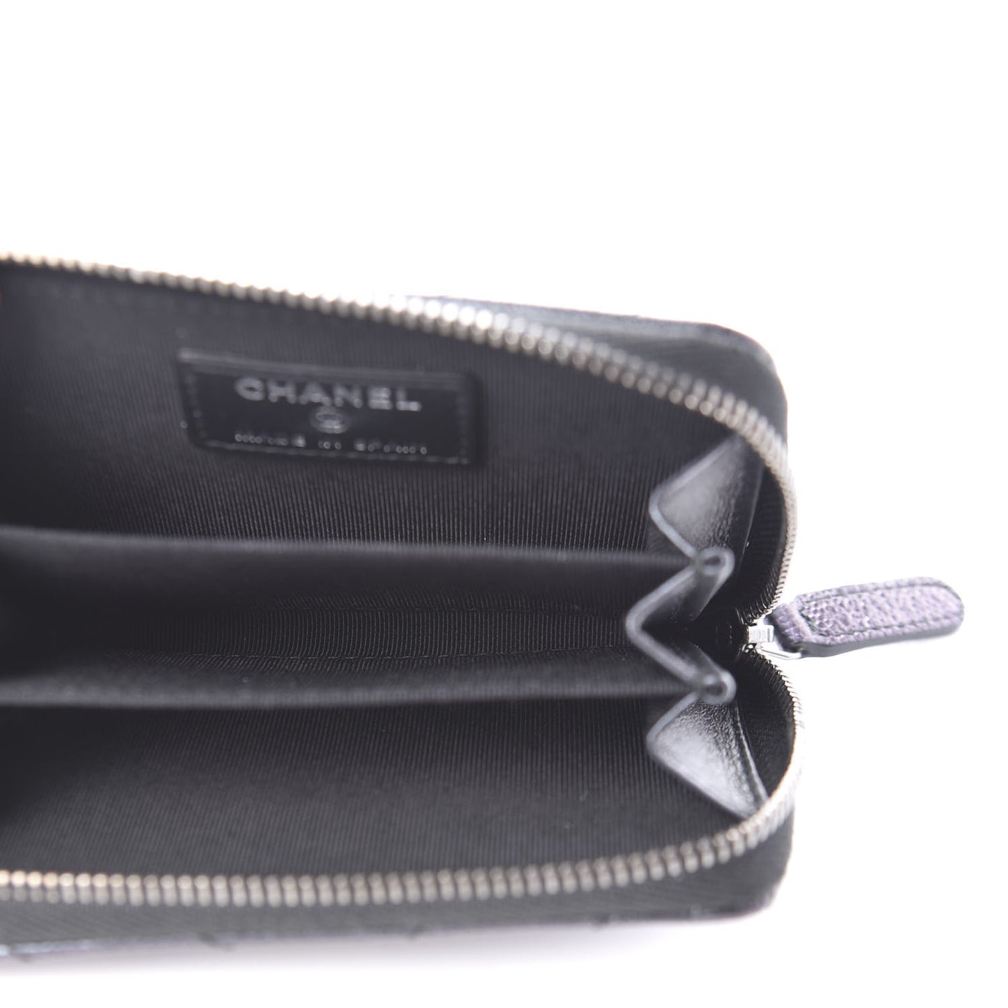 Iridescent Caviar Chevron Quilted Zip Around Coin Purse Black