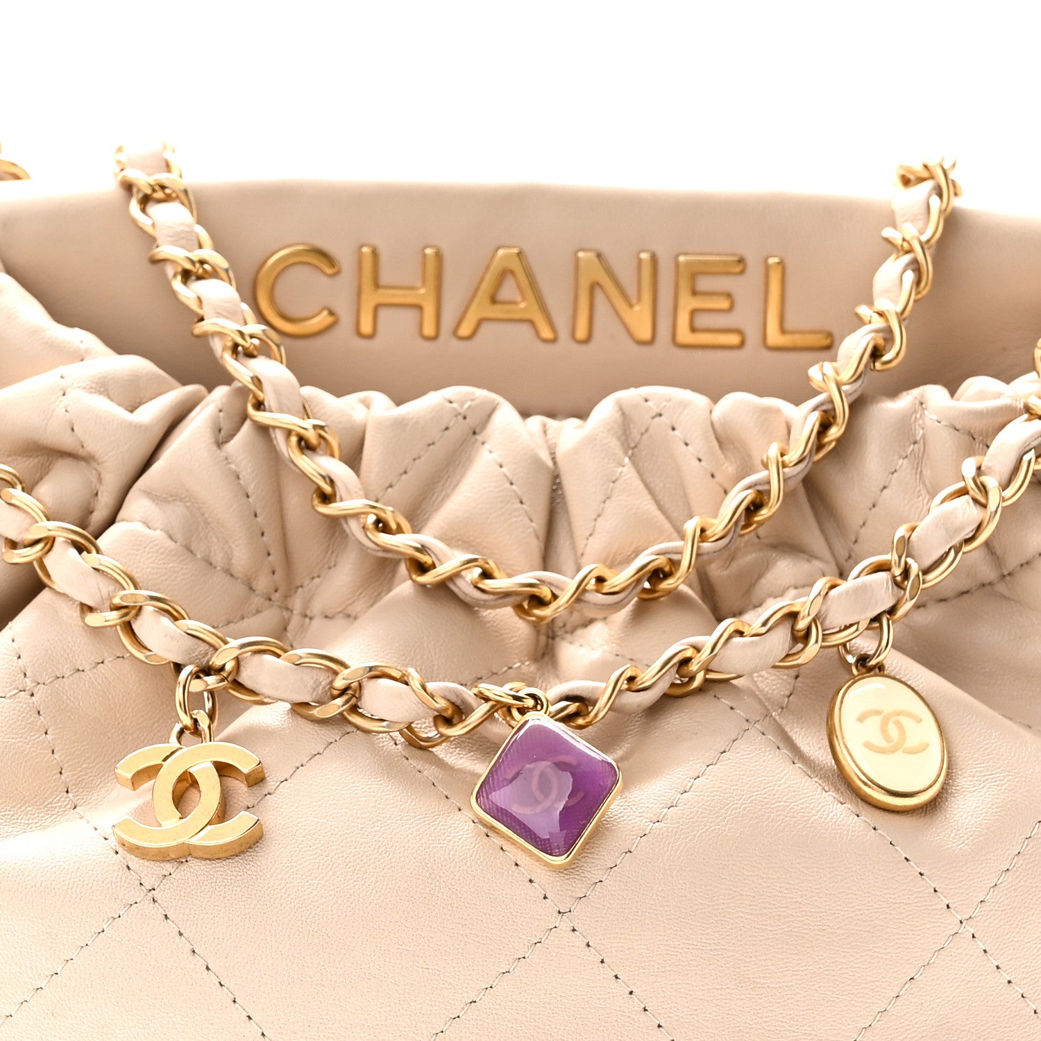 Chanel Lambskin Resin Quilted Small Bucket Bag Beige 8 of 10