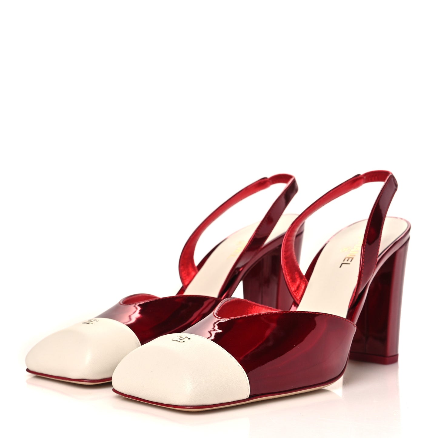 Lambskin Laminated Calfskin Cap Toe CC Slingback Pumps 40 Red Ivory