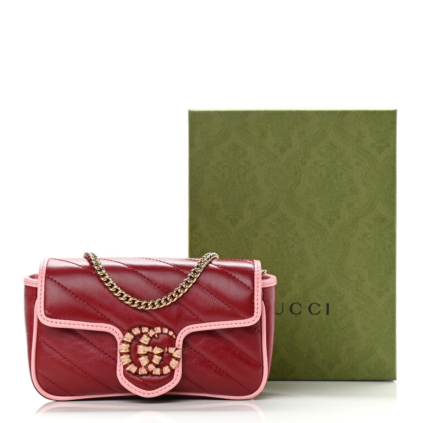 Azalea Calfskin Enamel Matelasse Diagonal Super Mini Torchon GG Marmont Shoulder Bag New Cherry Red Wild Rose