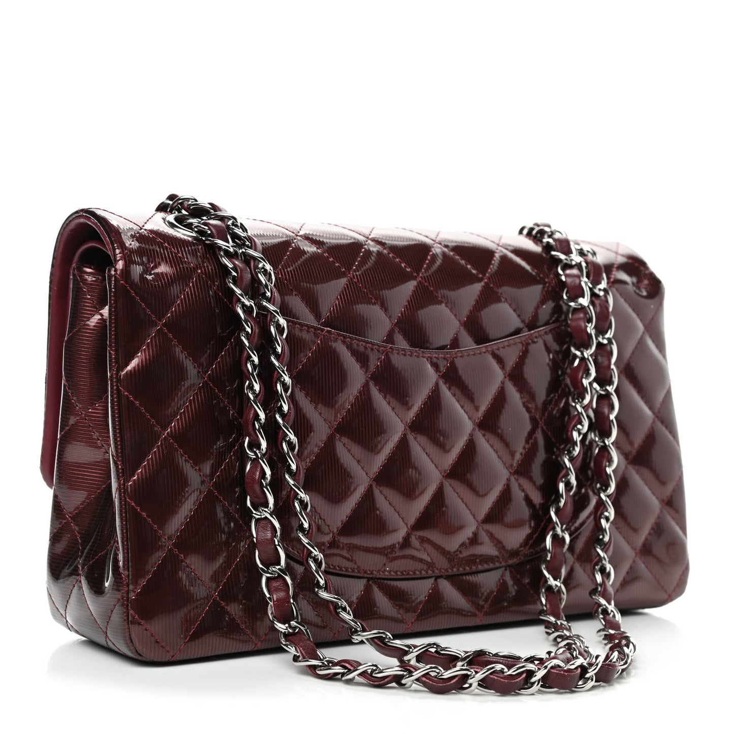 Striated Patent Quilted Medium Double Flap Burgundy