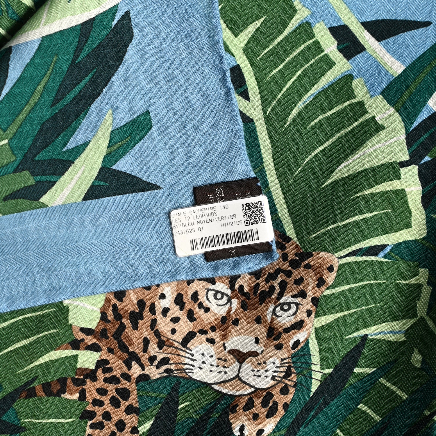Hermes Cashmere Silk Les Douze Leopards Shawl 140 Bleu Moyen Vert 2 of 5