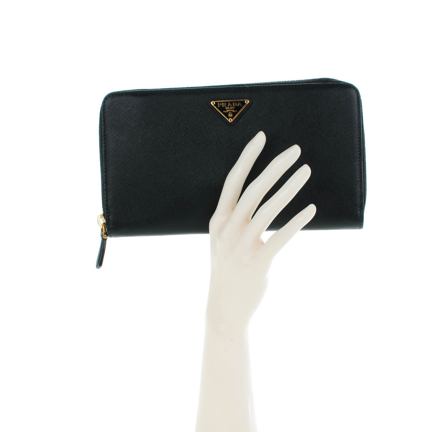 Prada Saffiano Triangle Large Zip Around Travel Wallet Nero Black 2 of 8