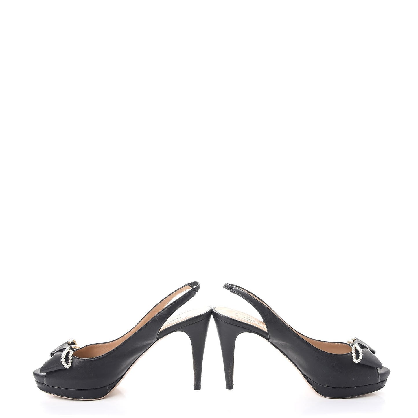 Nappa Pearl Bow Peep Toe Slingback Pumps 38.5 Black