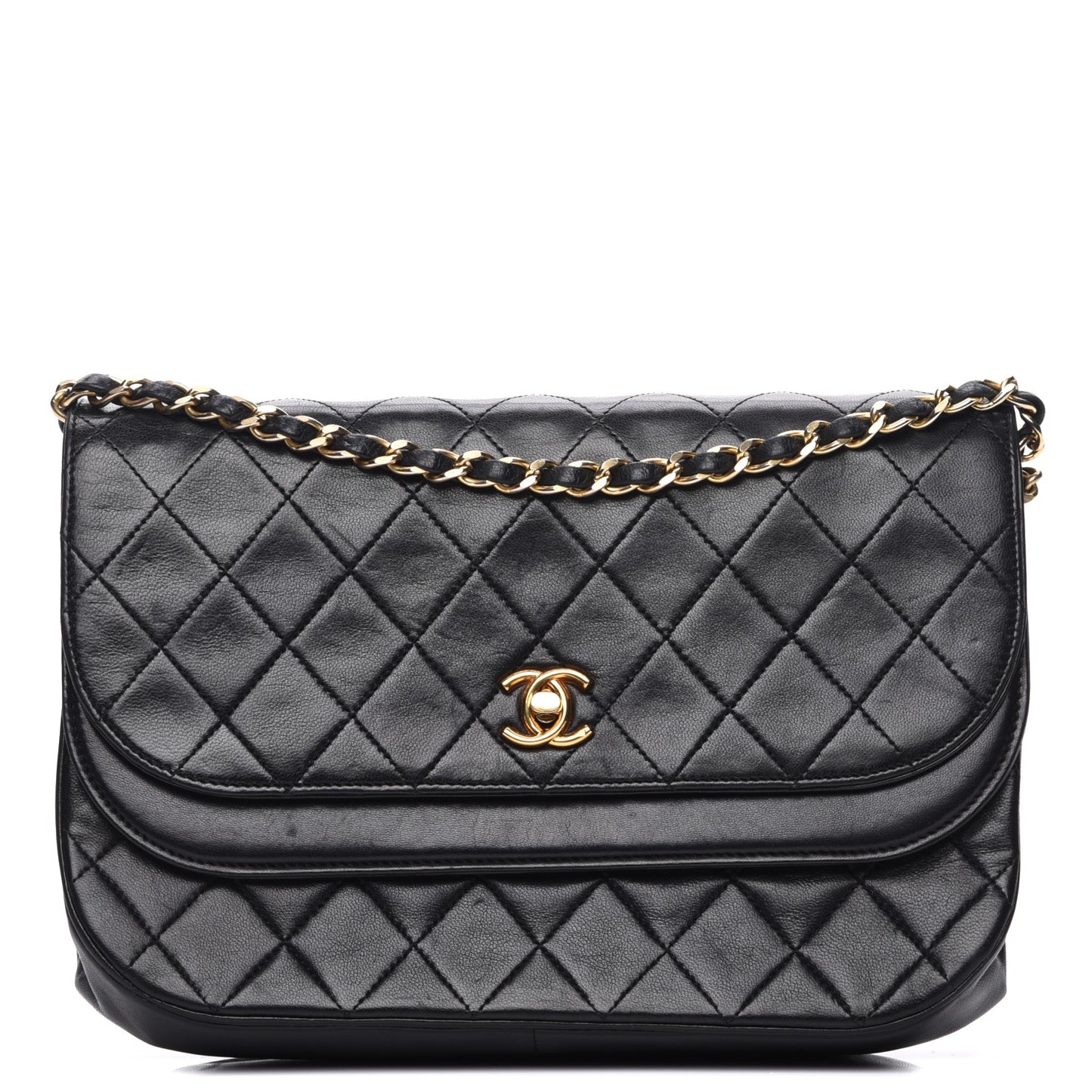 Lambskin Quilted Medium Round Double Flap Black