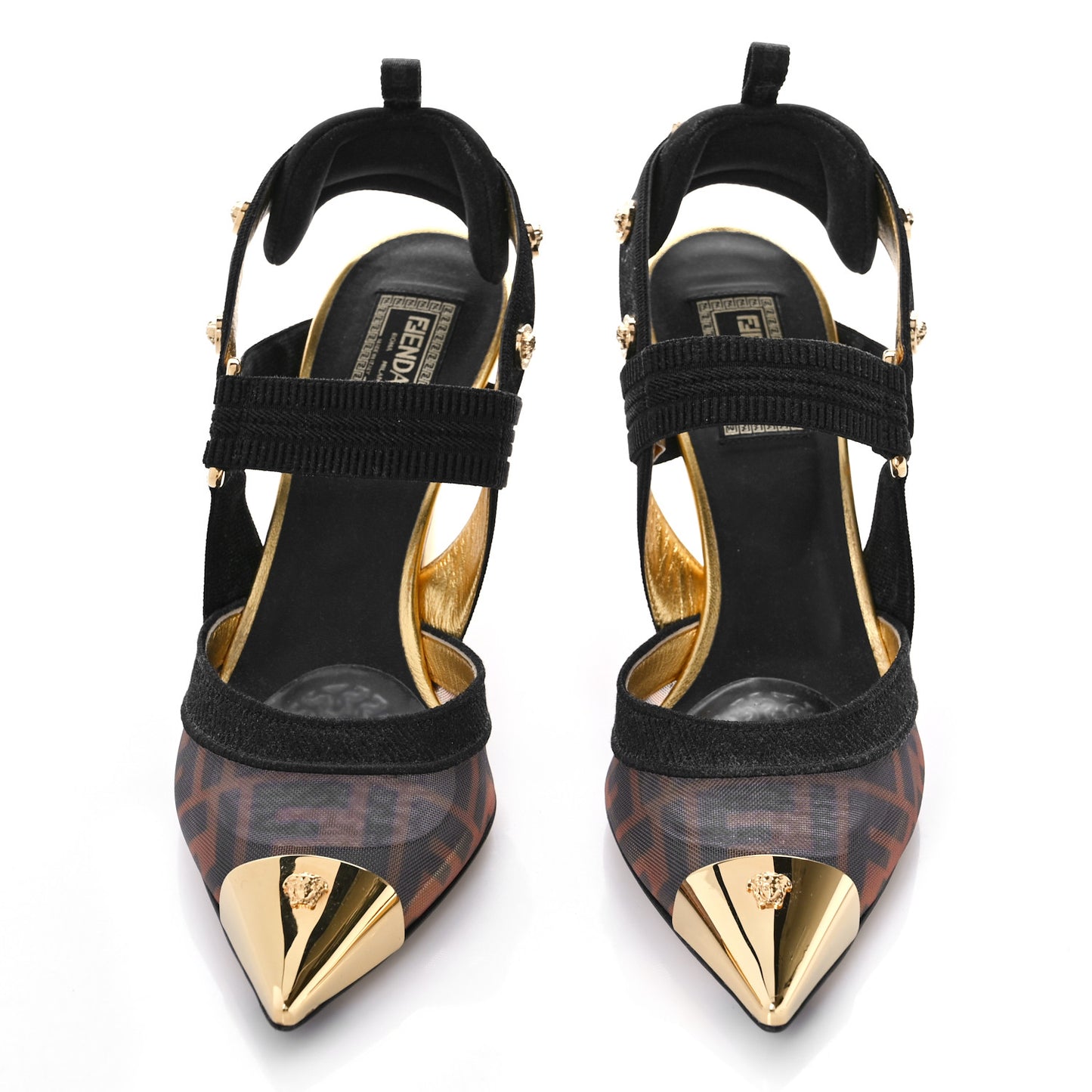 X VERSACE Technical Mesh FF Colibri 85mm Slingback Pumps 39 Tobacco Black