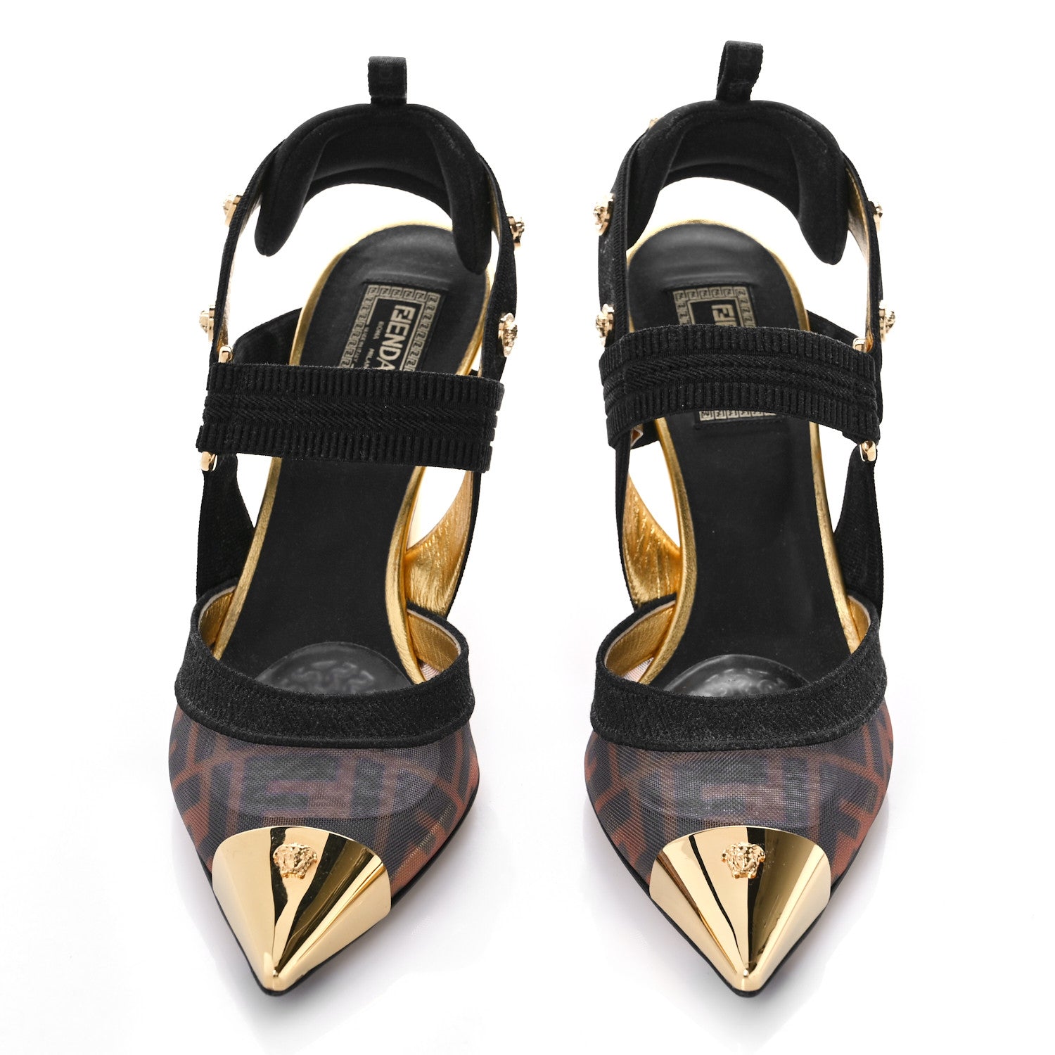 Fendi X VERSACE Technical Mesh FF Colibri 85mm Slingback Pumps 39 Tobacco Black 2 of 10