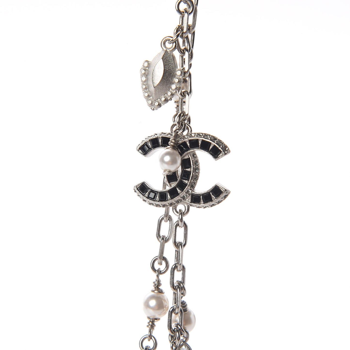 Pearl Baguette Crystal CC Long Necklace Silver