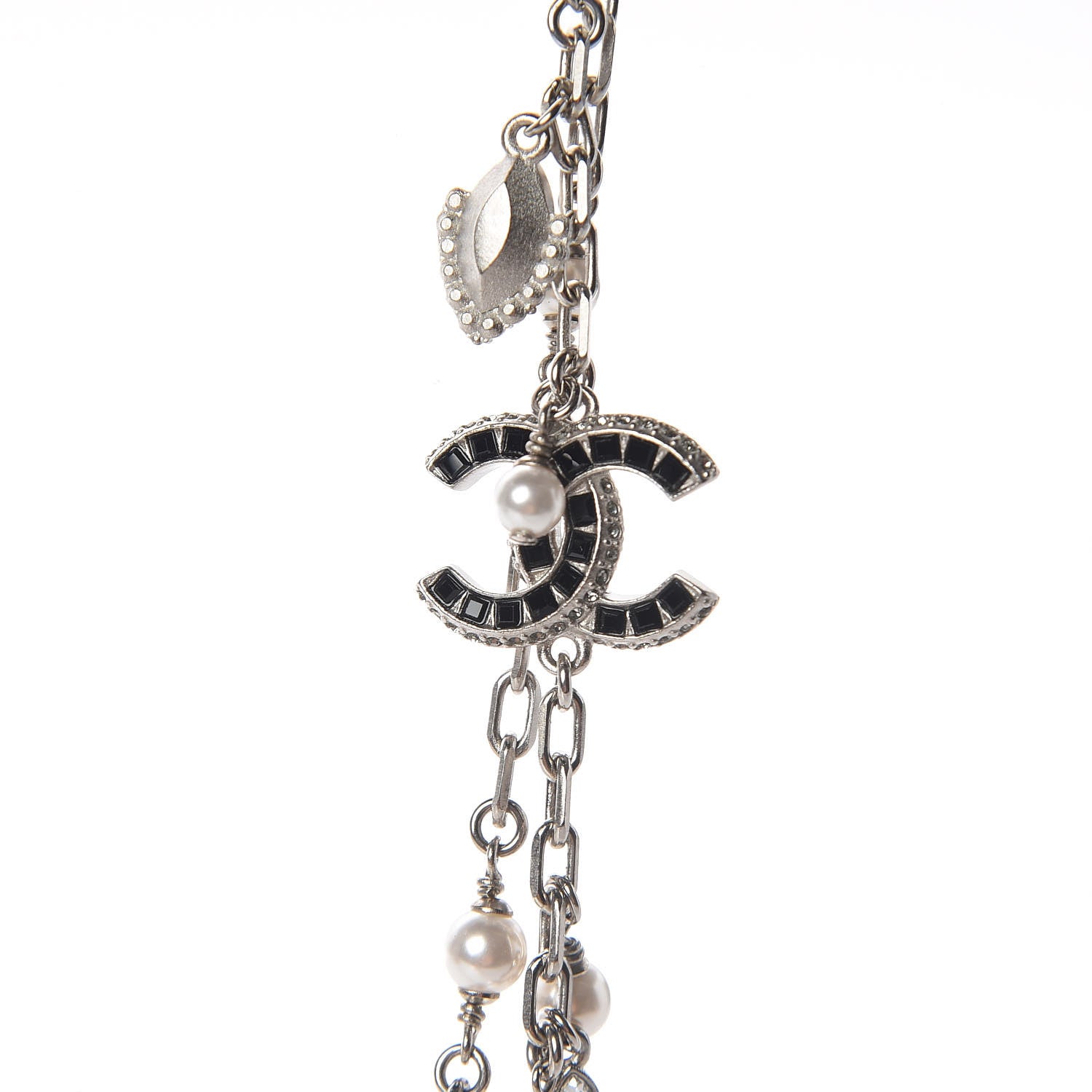 Chanel Pearl Baguette Crystal CC Long Necklace Silver 5 of 5