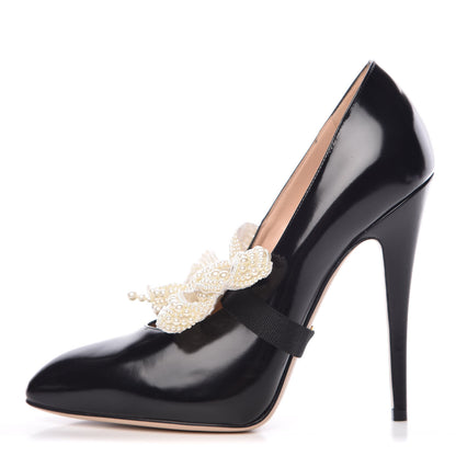 Gucci Polished Calfskin Removable Pearly Bow Elaisa Platform High Heel Pumps 37.5 Black 1 of 13