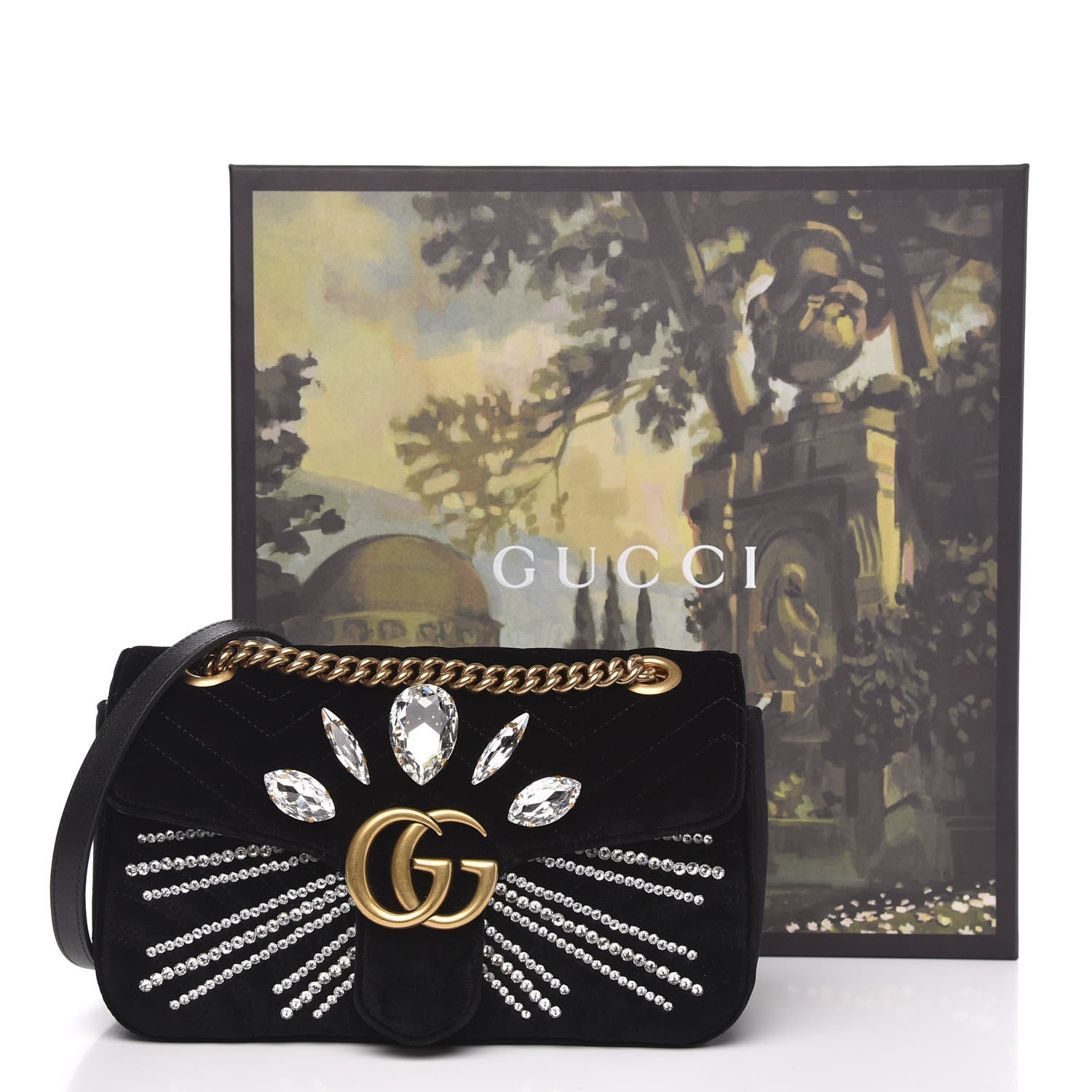 Gucci Velvet Matelasse Marquise Crystals Embroidered Small GG Marmont Shoulder Bag Black 12 of 12