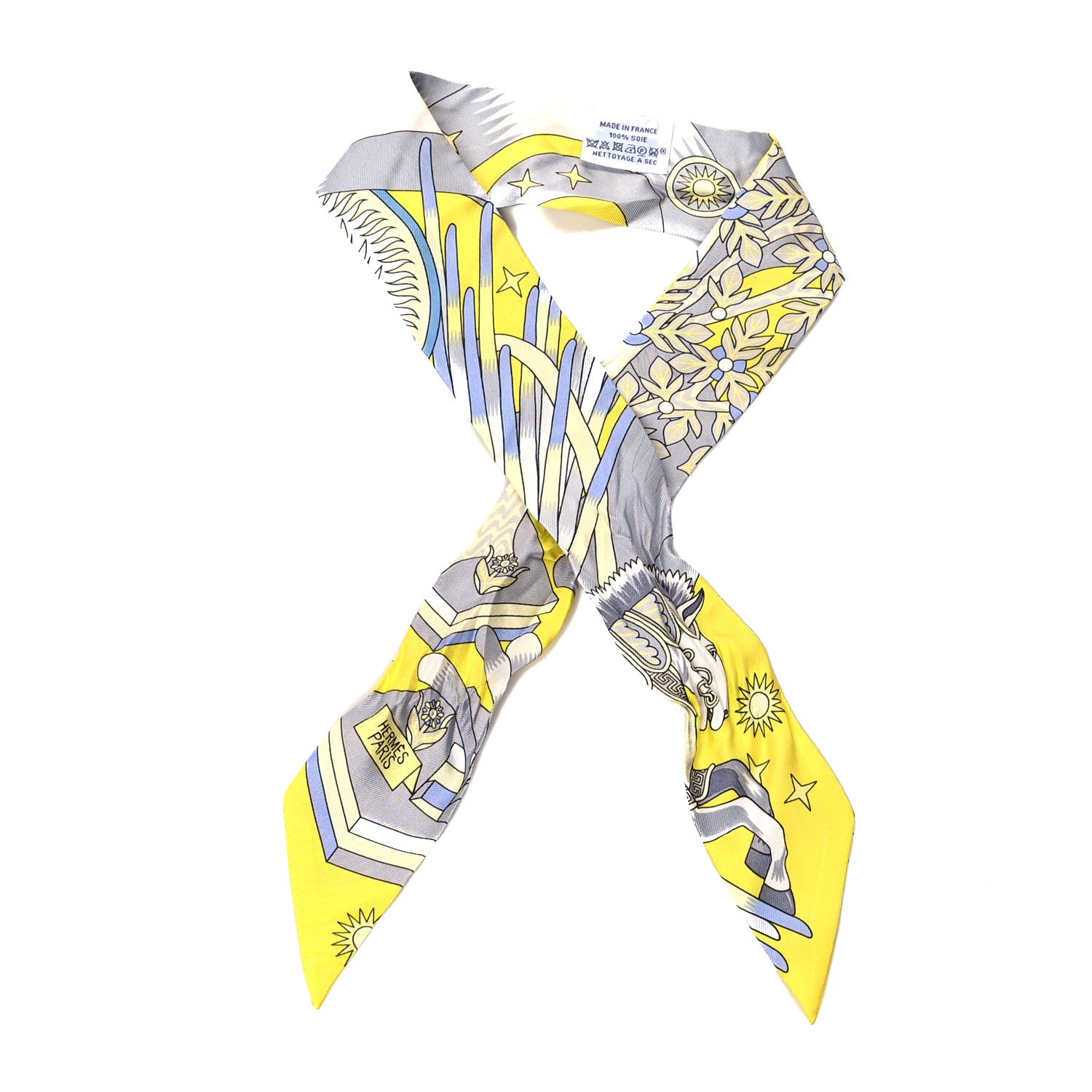 Hermes Silk La Source de Pegase Twilly Jaune Vif Gris Perle 1 of 4