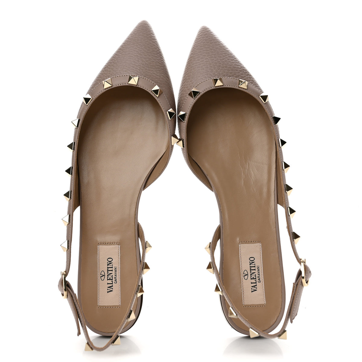 Pebbled Calfskin Rockstud Slingback Flats 38.5 Poudre