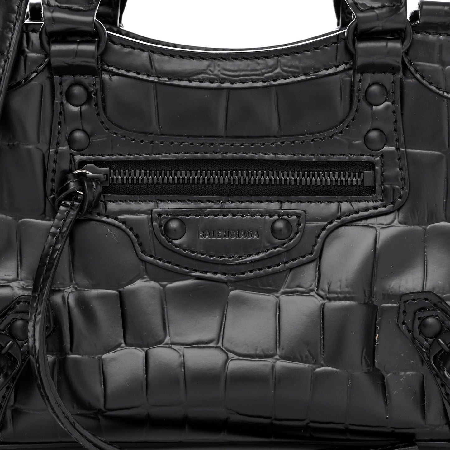 Semi Shiny Calfskin Crocodile Embossed Neo Classic Black Hardware Mini City Black