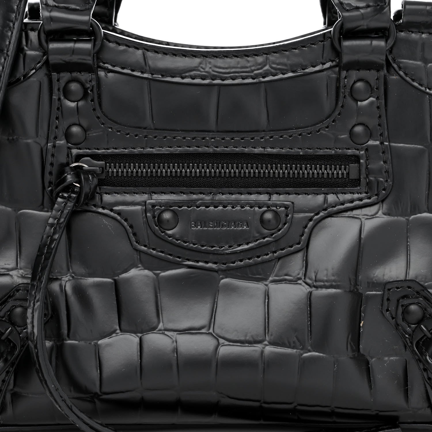 Balenciaga Semi Shiny Calfskin Crocodile Embossed Neo Classic Black Hardware Mini City Black 8 of 14
