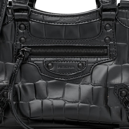 Balenciaga Semi Shiny Calfskin Crocodile Embossed Neo Classic Black Hardware Mini City Black 8 of 14
