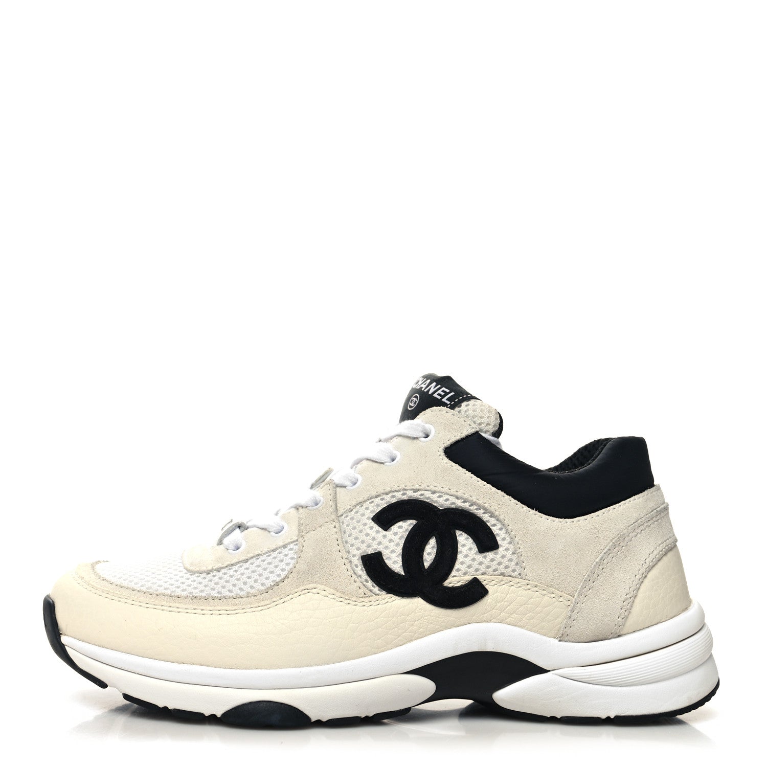 Chanel Mesh Suede Calfskin Grained Calfskin Womens CC Sneakers 38 White Black 1 of 7