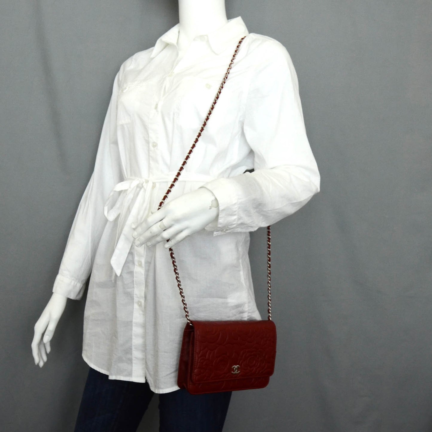 Lambskin Camellia Wallet on Chain WOC Red