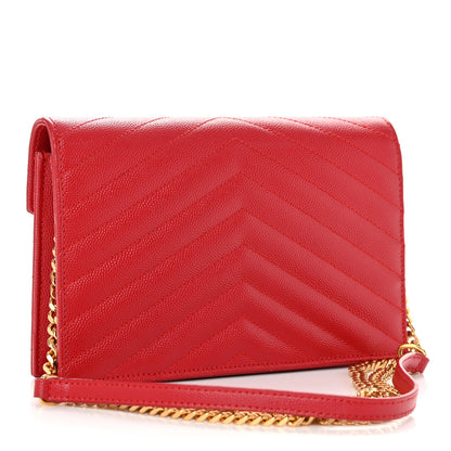 Saint Laurent Grain De Poudre Matelasse Chevron Monogram Envelope Chain Wallet New Red 3 of 9