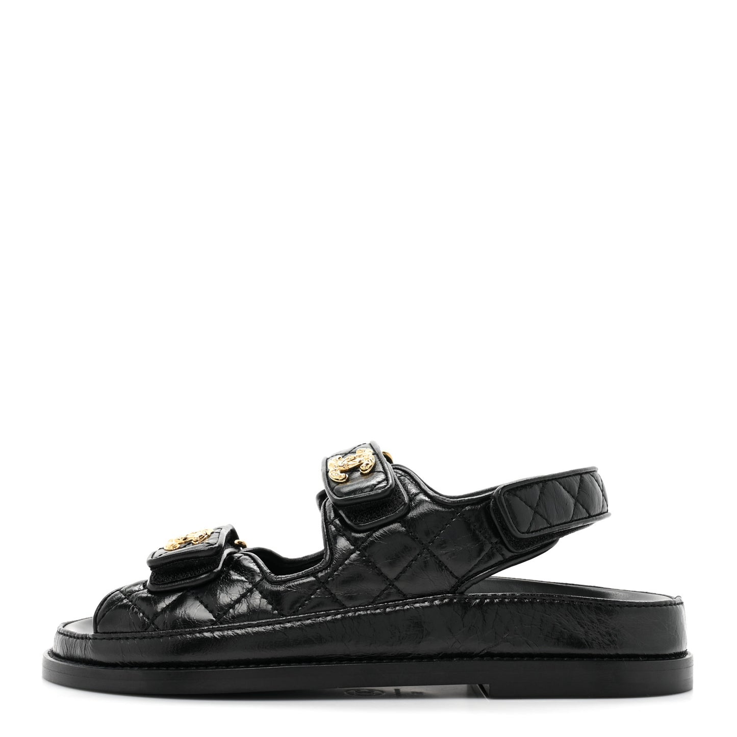 Crumpled Shiny Lambskin Velcro Dad Sandals 36 Black
