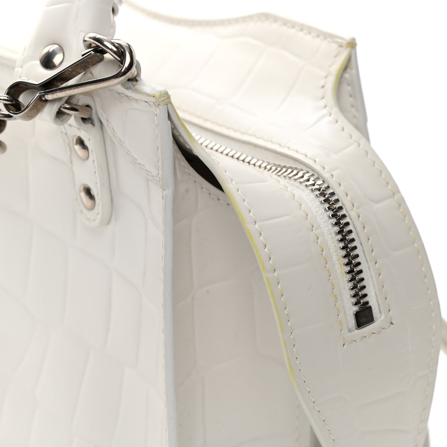 Semi Shiny Calfskin Crocodile Embossed Neo Classic Silver Hardware Mini City White