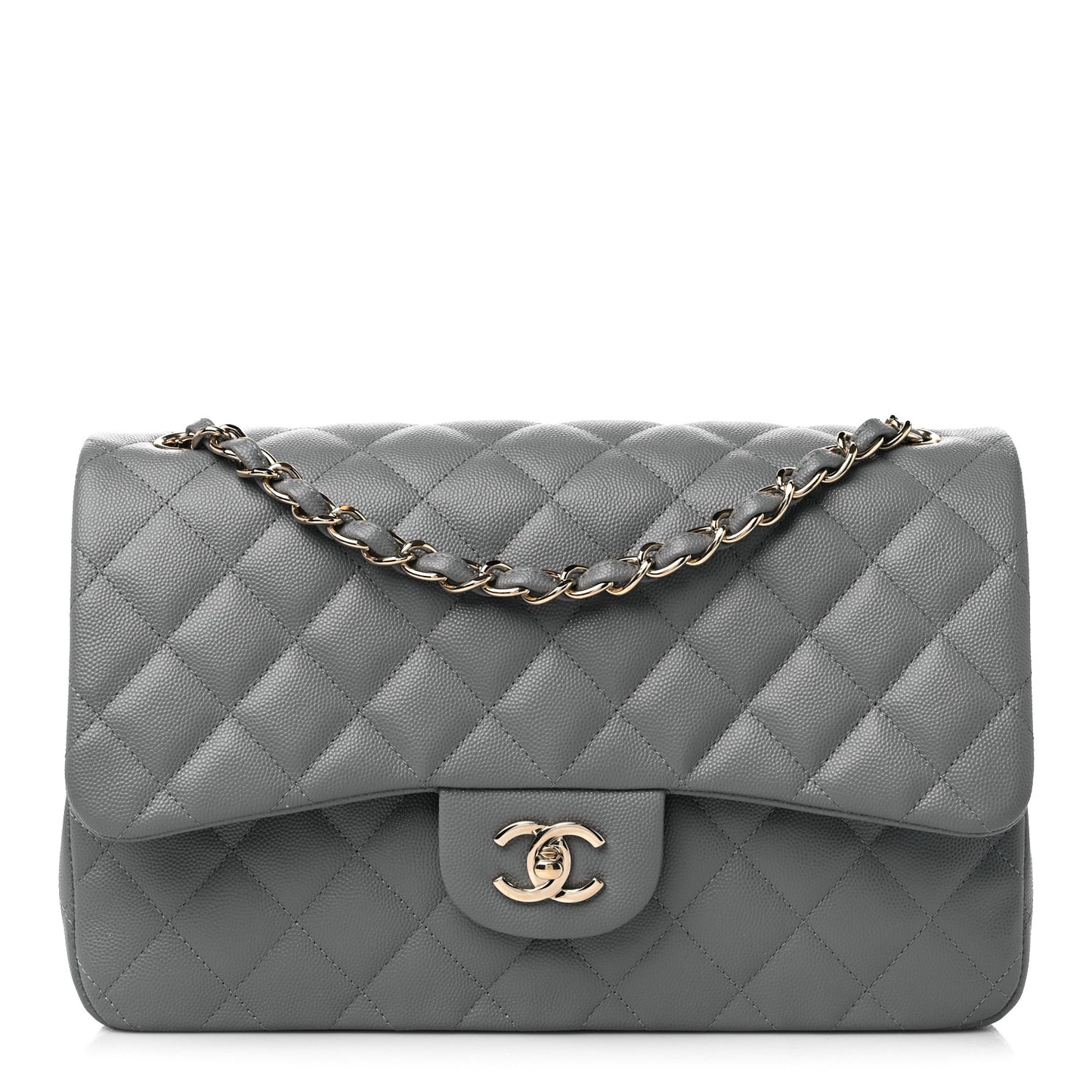 Caviar Quilted Jumbo Double Flap Grey