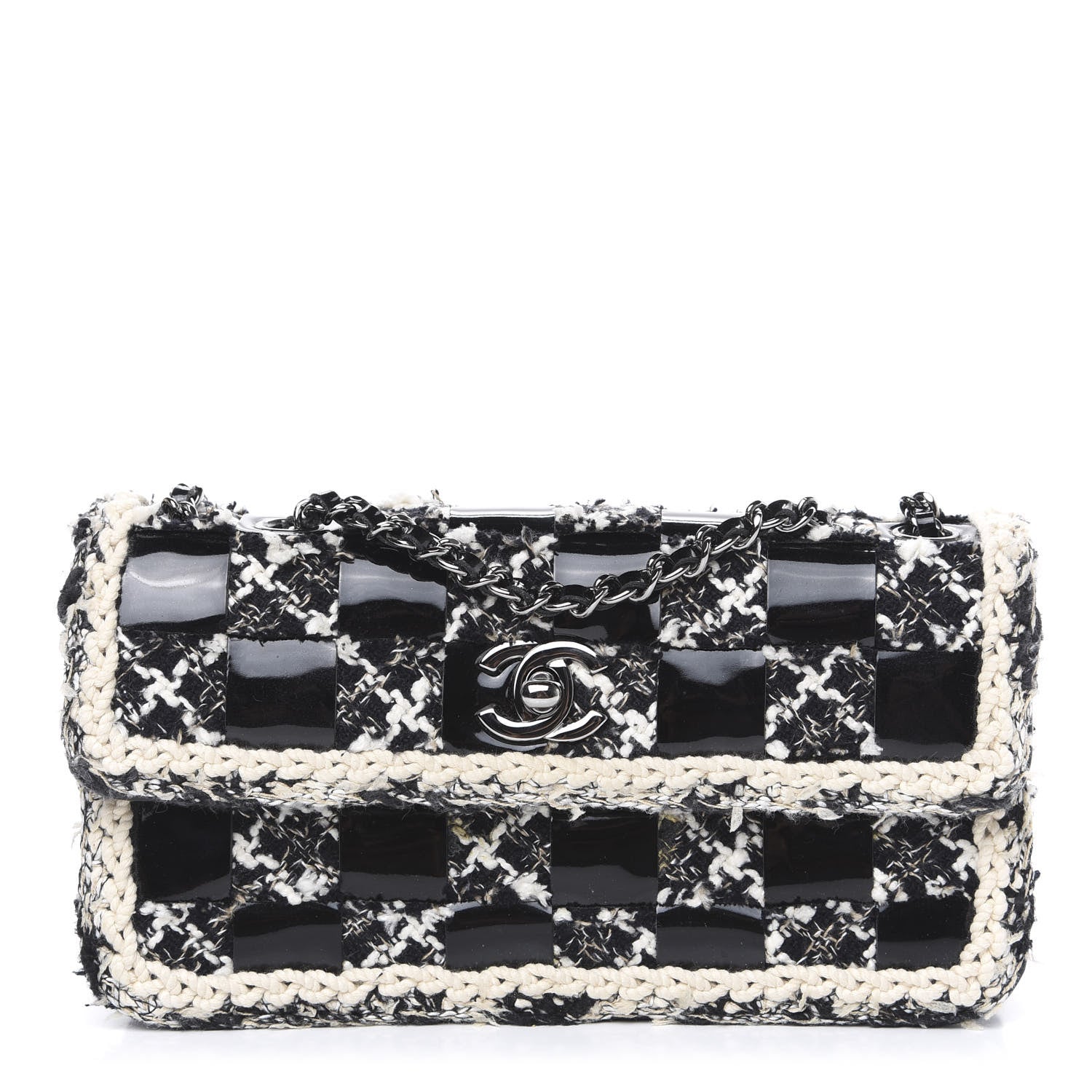 Chanel Tweed Patent Quilted Rectangular Flap Black White 1 of 11