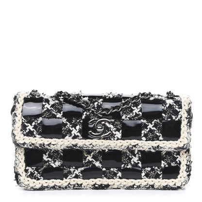 Chanel Tweed Patent Quilted Rectangular Flap Black White 1 of 11