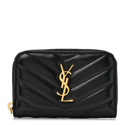 Saint Laurent Lambskin Matelasse Chevron Monogram Cassandre Compact Zip Around Card Wallet Black 1 of 7