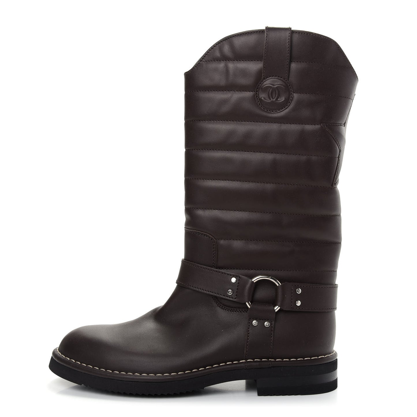 Calfskin Star Quilted Biker Boots 39.5 Brown