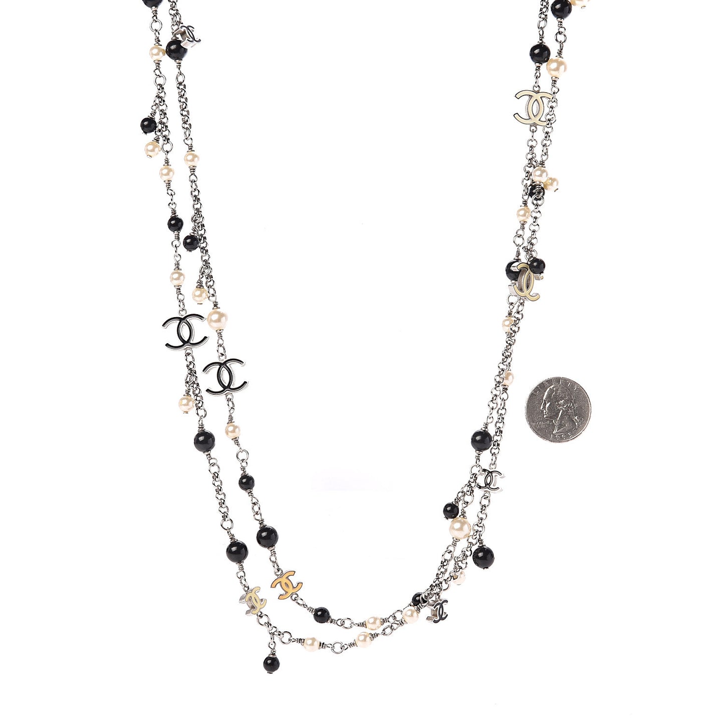 Pearl Bead Enamel CC Long Necklace Black Silver