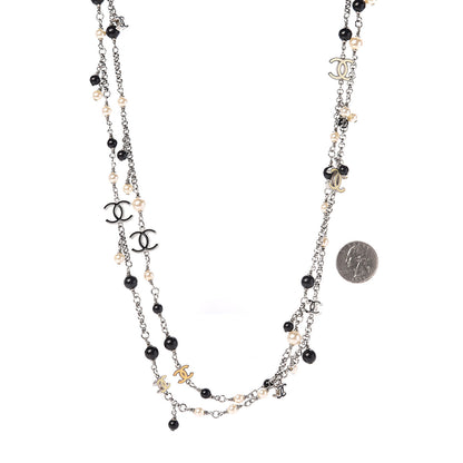 Chanel Pearl Bead Enamel CC Long Necklace Black Silver 2 of 4