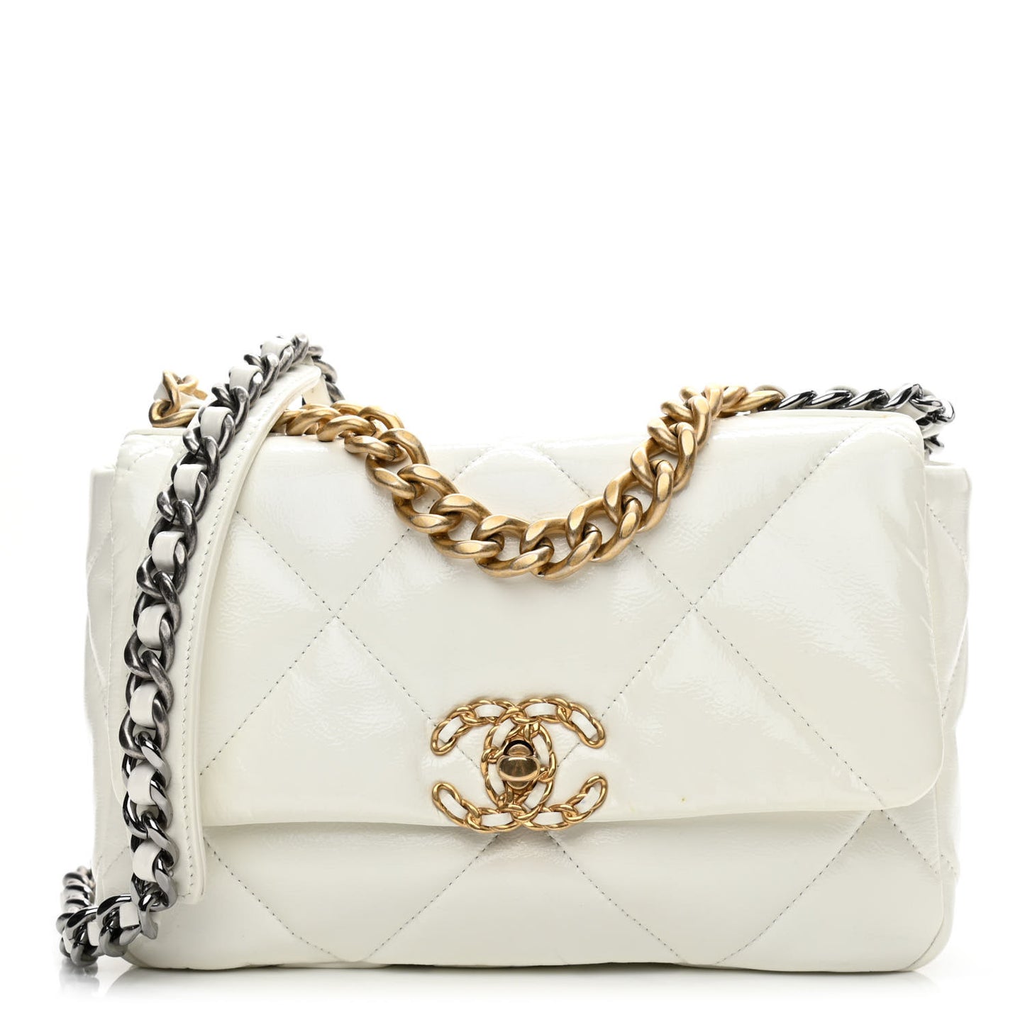 Shiny Crumpled Calfskin Quilted Medium Chanel 19 Flap White