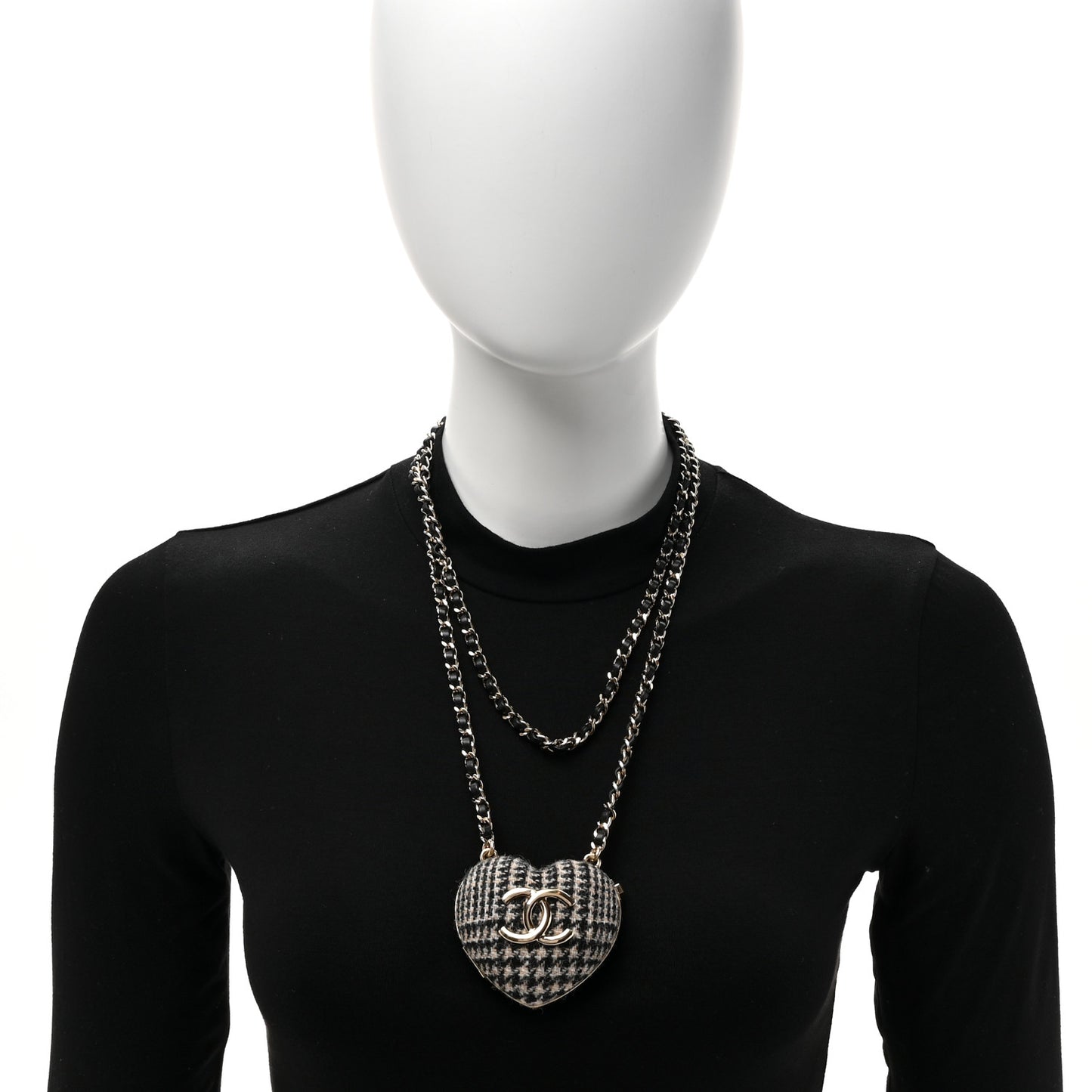 Tweed Lambskin CC Heart Locket Necklace Gold Black White