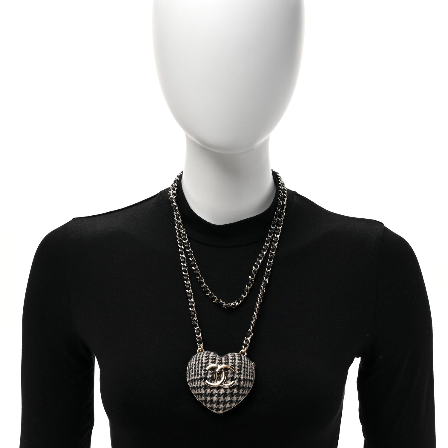 Chanel Tweed Lambskin CC Heart Locket Necklace Gold Black White 2 of 6