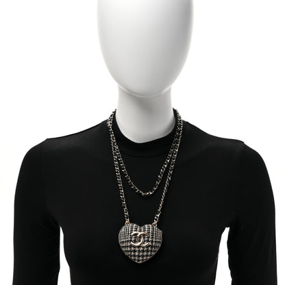 Chanel Tweed Lambskin CC Heart Locket Necklace Gold Black White 2 of 6