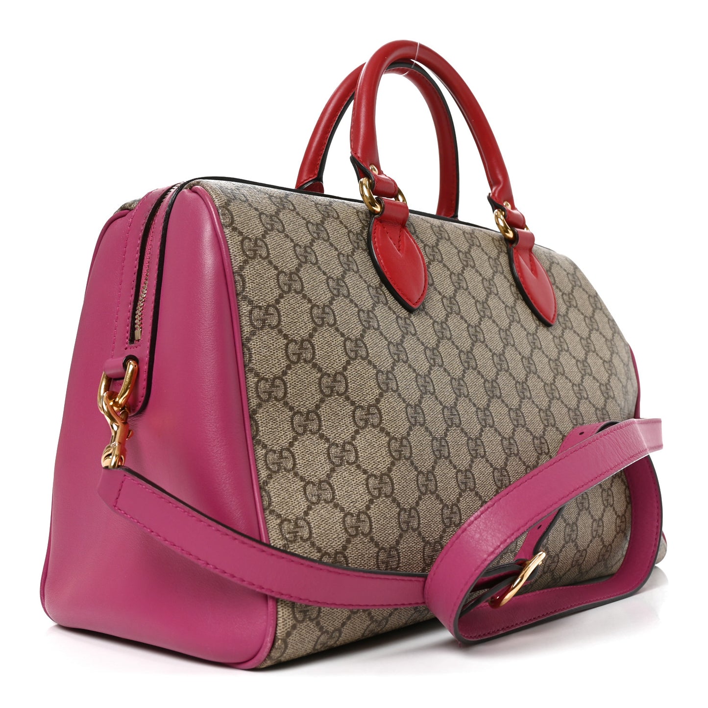 GG Supreme Monogram Medium Boston Beige Hibiscus Red New Rosette
