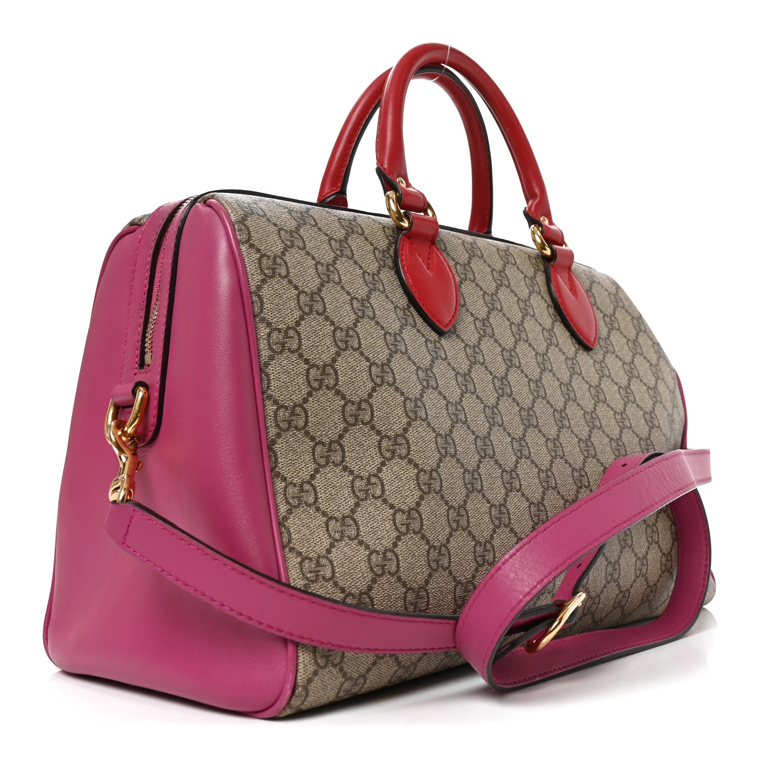 Gucci GG Supreme Monogram Medium Boston Beige Hibiscus Red New Rosette 3 of 11