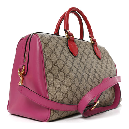 Gucci GG Supreme Monogram Medium Boston Beige Hibiscus Red New Rosette 3 of 11