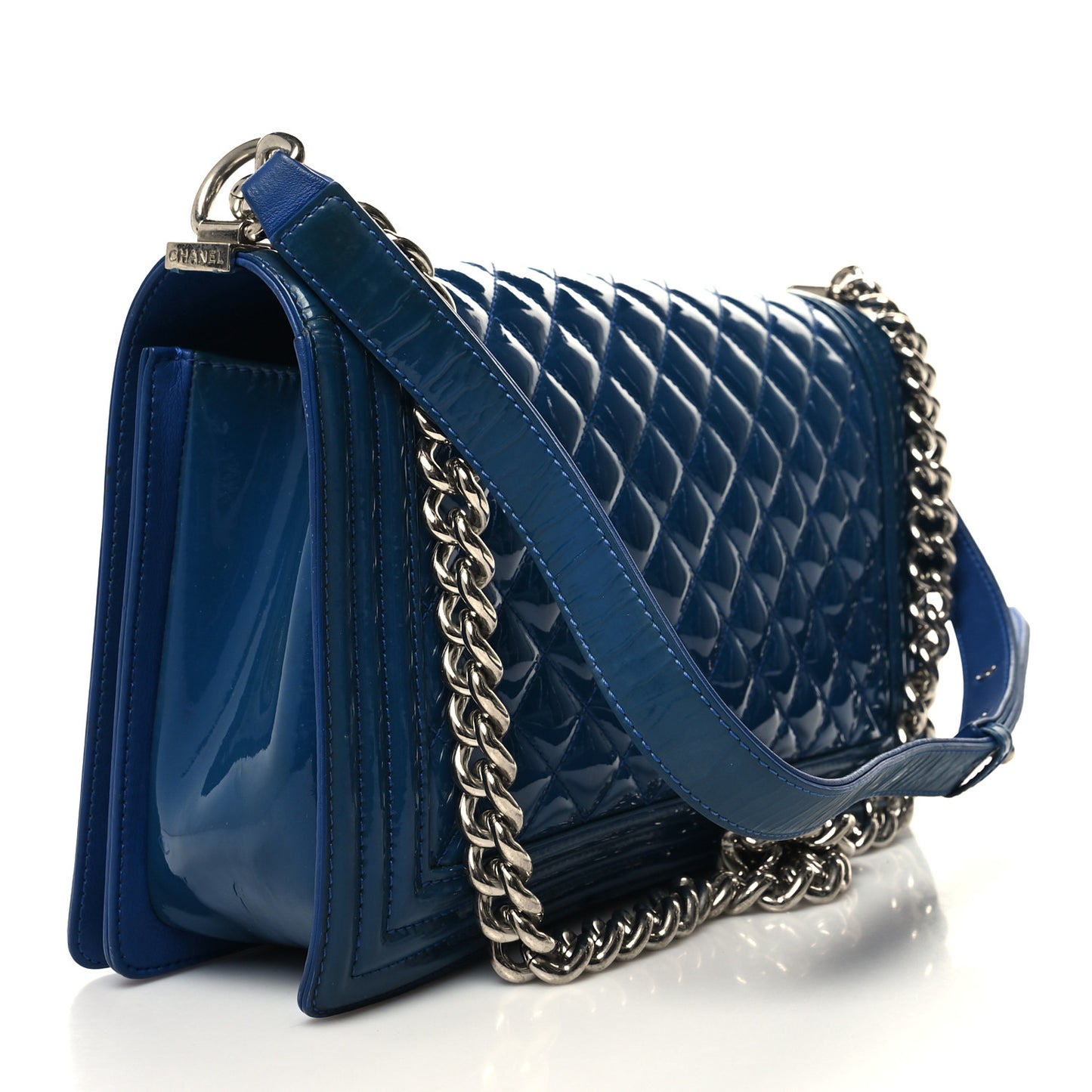 Patent Calfskin Quilted New Medium Plexiglass Boy Flap Blue