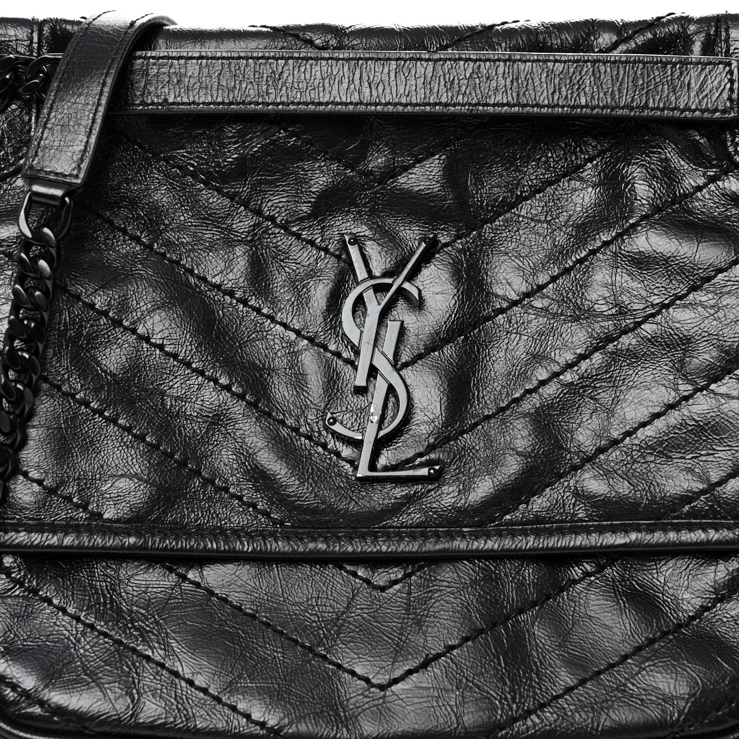 Crinkled Calfskin Matelasse Monogram Medium Niki Chain Satchel Black