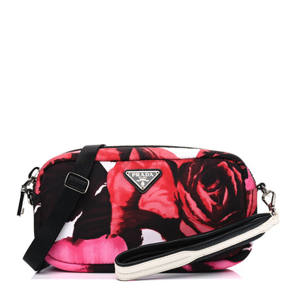 Prada Tessuto Soft Nylon Small Roses Print Convertible Crossbody Wristlet Pink 1 of 4